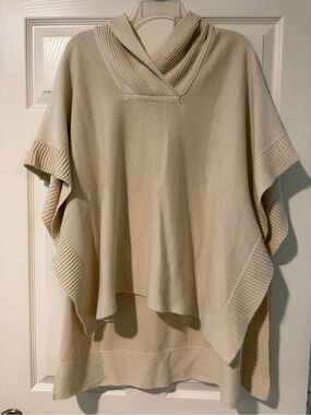Beige Knit Shawl-Collar Sweater Poncho - Women